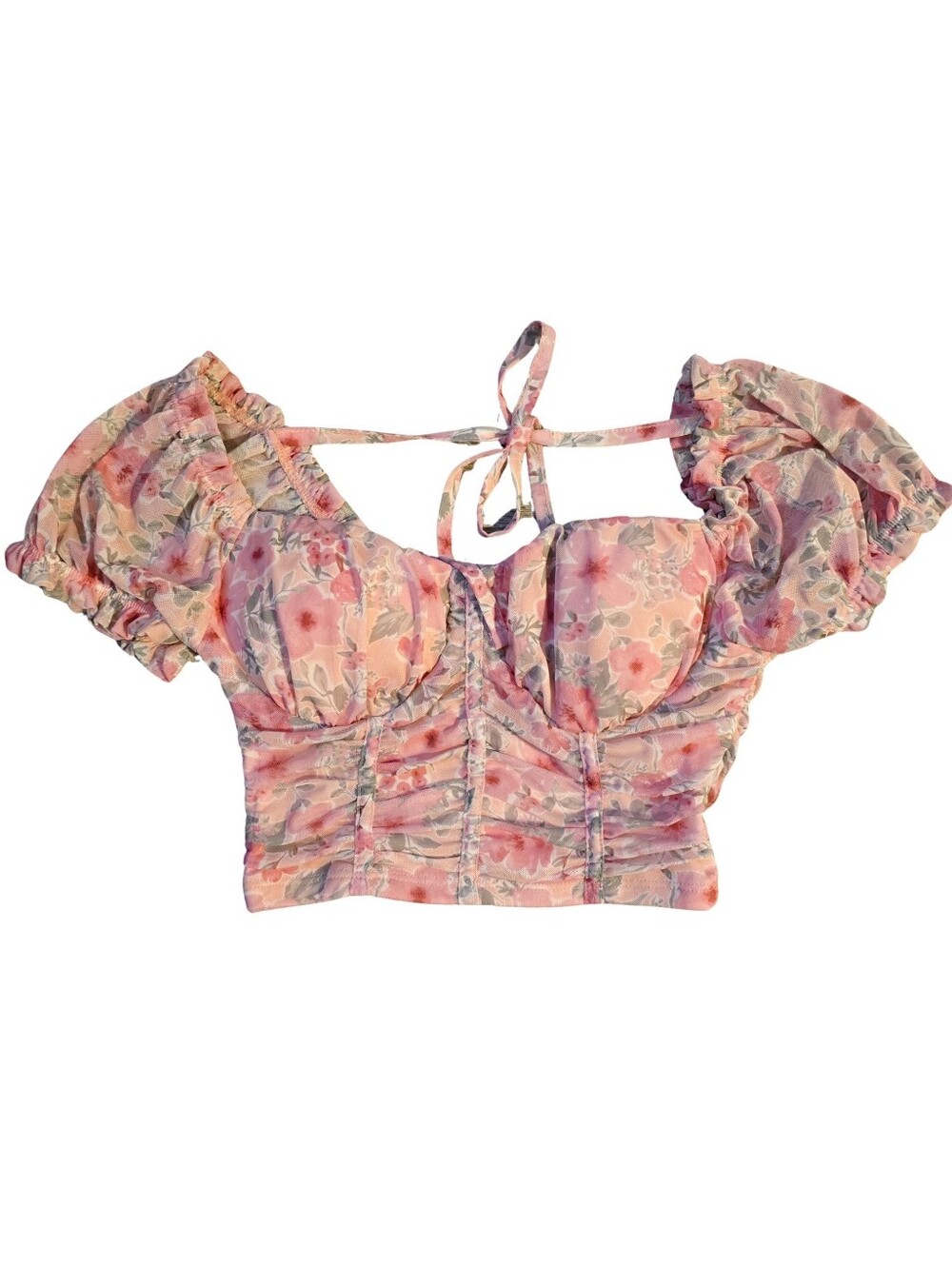 Coquette Mesh Feminine Pink Floral Puff Sleeve Faux Corset Crop Top Size Small